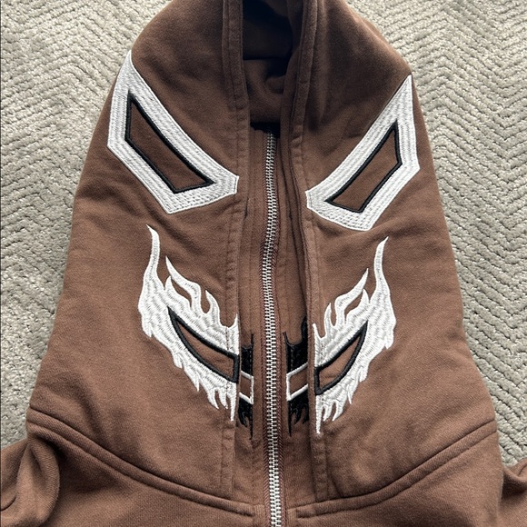 Heboz Zip Up Hoodie Brown Embroidered Graphic Mask Hood Streetwear Size M unisex - Picture 9 of 11